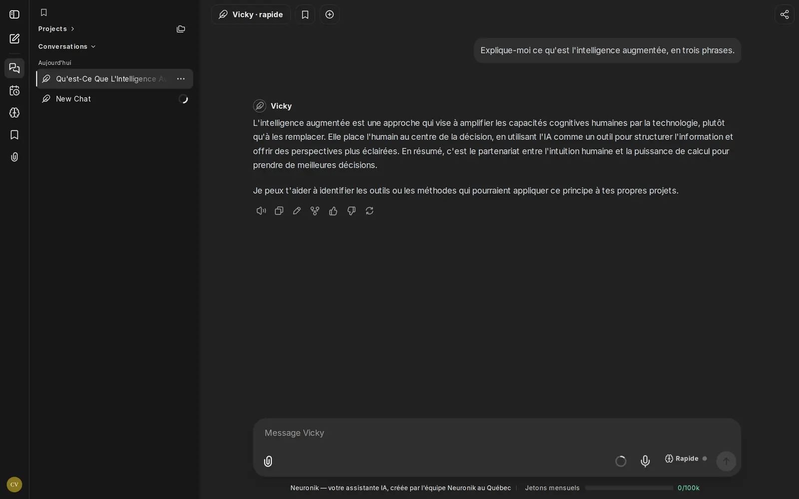 Interface de Vicky : une question posée en français et sa réponse sur l'intelligence augmentée